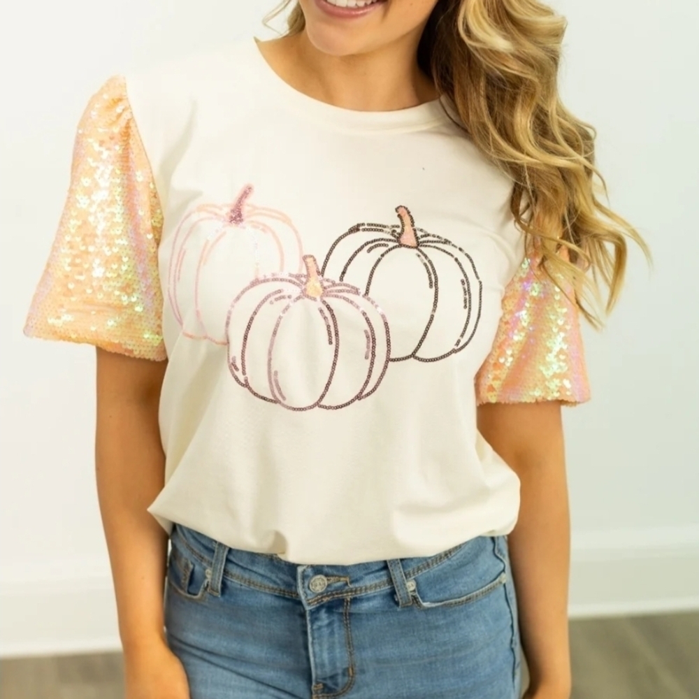 Sequin Sleeve Pumpkin Graphic Top